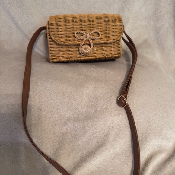 Handbags - Woven Straw Crossbody Bag with Brown Strap